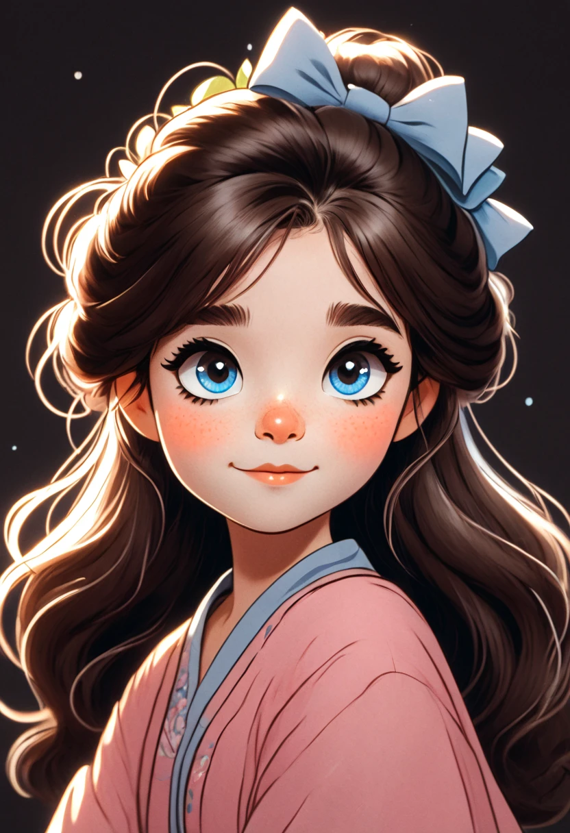 image is a digital illustration featuring an animated character with a cartoon style. The character is a young woman with long, flowing brown hair adorned with two white hair clips on each side. She has large, expressive blue eyes, a small nose, and a gentle smile. Her skin is fair with a subtle blush on her cheeks, adding to her youthful appearance. She is wearing a sleeveless pink dress with a bow detail at the front. The background is plain white, emphasizing the character. The artist's signature, '@Naman_Doodles', is visible in the bottom right corner in a simple, handwritten style.