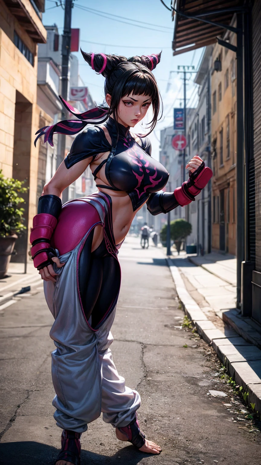 A black American woman with fabulous curves, with naturally formed and secure breasts, for a more voluptuous and attractive bust, thick thighs, performing a ryu shouryuken from street fighter 2, 3d render in 8k, best quality, masterpiece, nikon, realistic light and shadows, 8k, ray tracing, NVIDIA, unreal engine 5