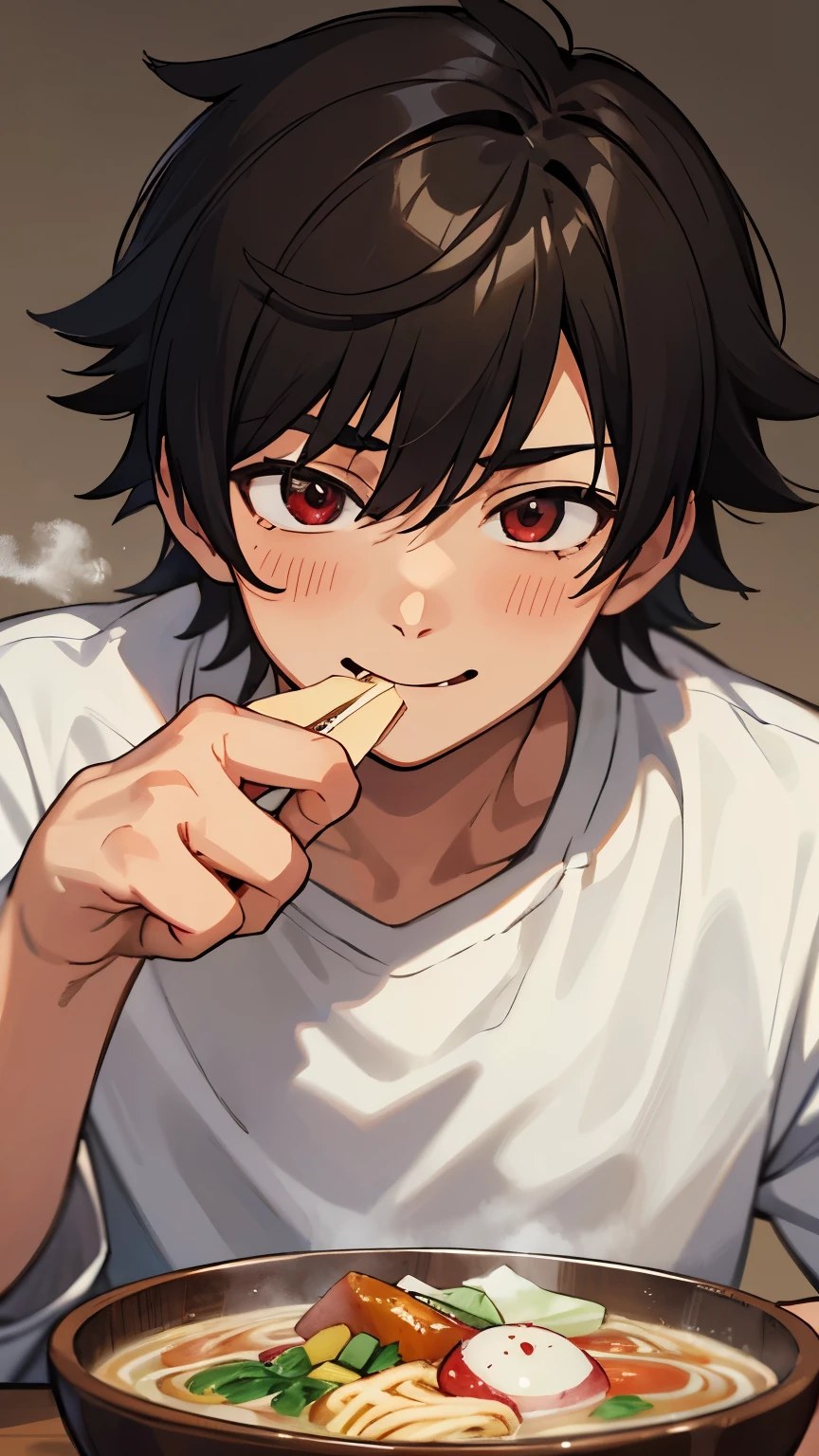 A high-quality, emotional anime-style close-up inspired by Makoto Shinkai, depicting the face of an 18-year-old energetic and confident boy named Naoki Takajo, captured in a moment of pure happiness as he enjoys a delicious meal. His clean and sharp men's handsome short hairstyle frames his striking features, with his black hair slightly tousled, adding a relaxed and cheerful vibe. His vivid red eyes are drawn with extraordinary detail, slightly squinting with joy as he savors the food.

Naoki's expression radiates happiness, with a wide, genuine smile and a faint blush on his cheeks, highlighting his youthful enthusiasm. He holds a steaming bowl of ramen (or any appetizing dish) in one hand, with chopsticks in the other, as he takes a bite. Small details, like a bit of sauce or broth on his lips, add to the realism and charm of the scene.

The background is a minimalistic, pure white space, ensuring the focus remains on Naoki and the delicious food he enjoys.

Additional tags for close-up: (face:1.061), ((male:1.4)), men's handsome short hairstyle, sharp facial features, vibrant red eyes, anime-style, charm, functional beauty, [top quality, high resolution, 4K, 8K resolution, ultra-detailed], close-up, eating, joyful expression, delicious food, warm atmosphere, youthful energy.

Ensure that the vibrant details of the food and Naoki’s joyful expression come together to evoke warmth and happiness, making the scene lively and engaging.