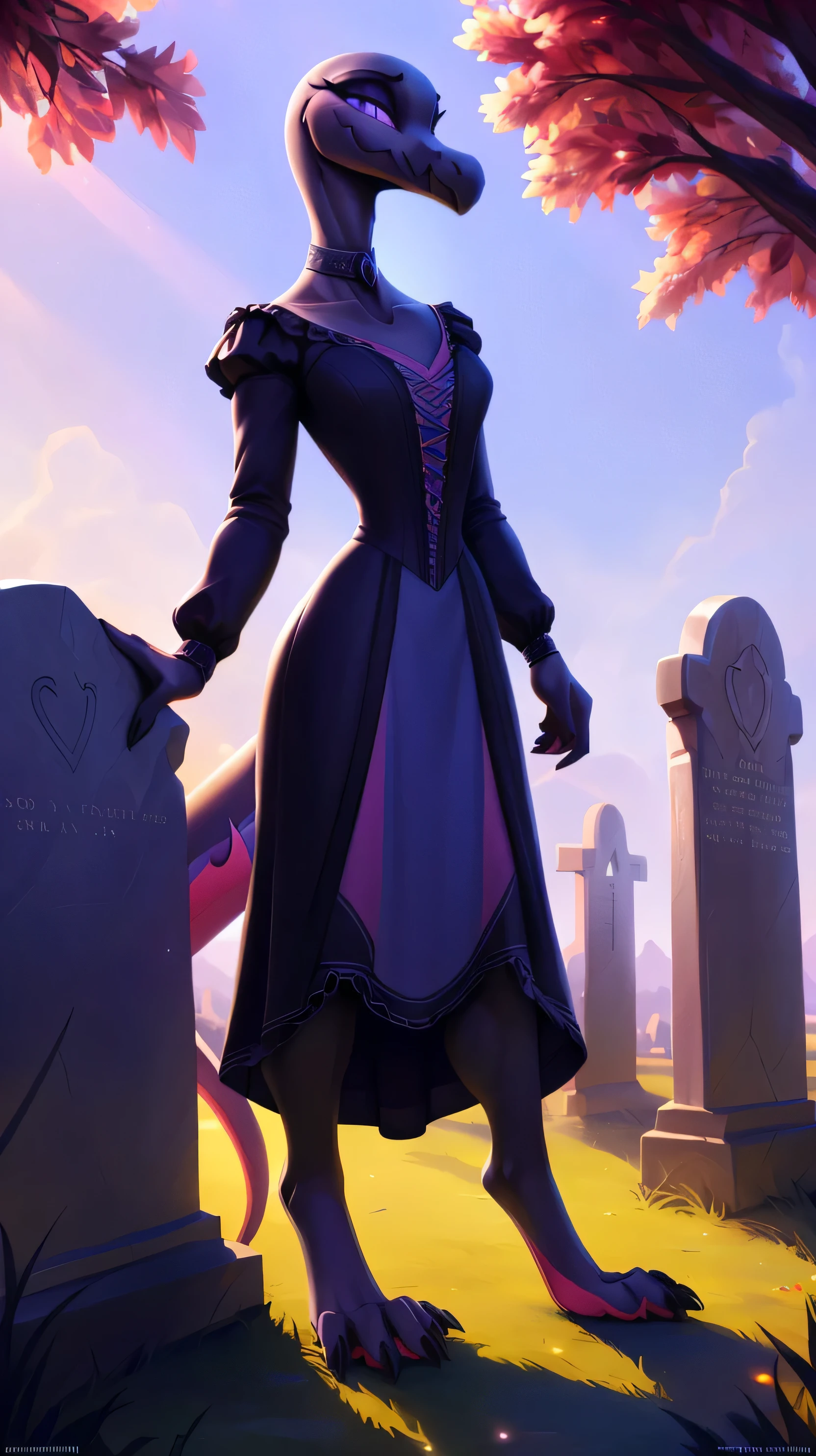 uploaded on e621, ((Salazzle)) by Pixelsketcher, by Bayard Wu, by Thomas Benjamin Kennington , by Einshelm, anthro, ((full body focus)), BREAK, ((dress:1.2)),wearing black victorian dress, long flowing dress, long sleeve victorian dress, dress flowing down past knees, black choker, (detailed Bonifasko lighting), (detailed scales), (detailed skin), (female Salazzle), BREAK, ((facing viewer)), (cinematic lighting), ((detailed background)), ((full body portrait view)), (((portrait view))), (half body shadow), [backlighting], [crepuscular ray], [detailed ambient light], [gray natural lighting], [ambient light on the belly], (higher wildlife feral detail), [sharp focus], (shaded), ((masterpiece), natural breasts, medium breasts, furry Salazzle, reptilian face, furry Fantasy Art, furry Art, Commission for High Res, anthro Art, POV furry Art,Sakimichan beautiful, masterpiece, best quality, detailed image, bright colors, detailed face, perfect lighting, perfect shadows, perfect eyes, girl focus, purple eyes, flawless face, reptilian girl, scales, scaled woman, colorful scales, gaze at the viewer, half-closed eyes, 1girl, full body, (masterpiece:1.21), (best quality:1.2), (illustration:1.2), (cinematic lighting:1.3), detailed scales, balanced coloring, global illumination, ray tracing, good lighting, scales, anthro, looking at viewer, short neck, (full body shot of woman in graveyard), submissive, outside, graveyard, (woman standing outside, woman standing in graveyard, woman next to tombstones), hand on tombstone, claws, (intricate details:1.12), (intricate details, hyperdetailed:1.15), hdr, outside, (daytime:1.2), warm light, dramatic light, cinematic, (full body:1.2), slight smile, blushing, ((black victorian dress, standing up, posing seductively, slight smile, full victorian dress, dress covering whole body))