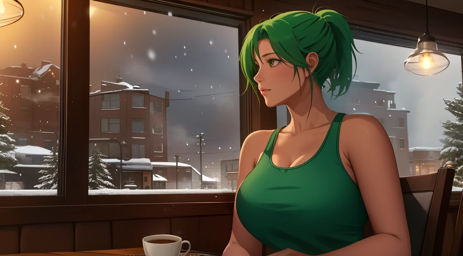 "A woman with green hair tied in a ponytail sits at a table in a cozy café, typing on a laptop. She is wearing a pink tank top under an open zipper jacket, exuding a casual and relaxed vibe. The warm ambient lighting of the café highlights the comforting atmosphere, with subtle details of wooden furniture and soft yellow lights. Behind her, large windows reveal a snowy winter evening, showcasing softly falling snow and a bustling urban street illuminated by warm streetlights. On the table beside her, a steaming cup of coffee or tea adds to the serene ambiance. The scene blends the cozy interior of the café with the wintry magic outside, capturing a moment of quiet productivity and reflection."
