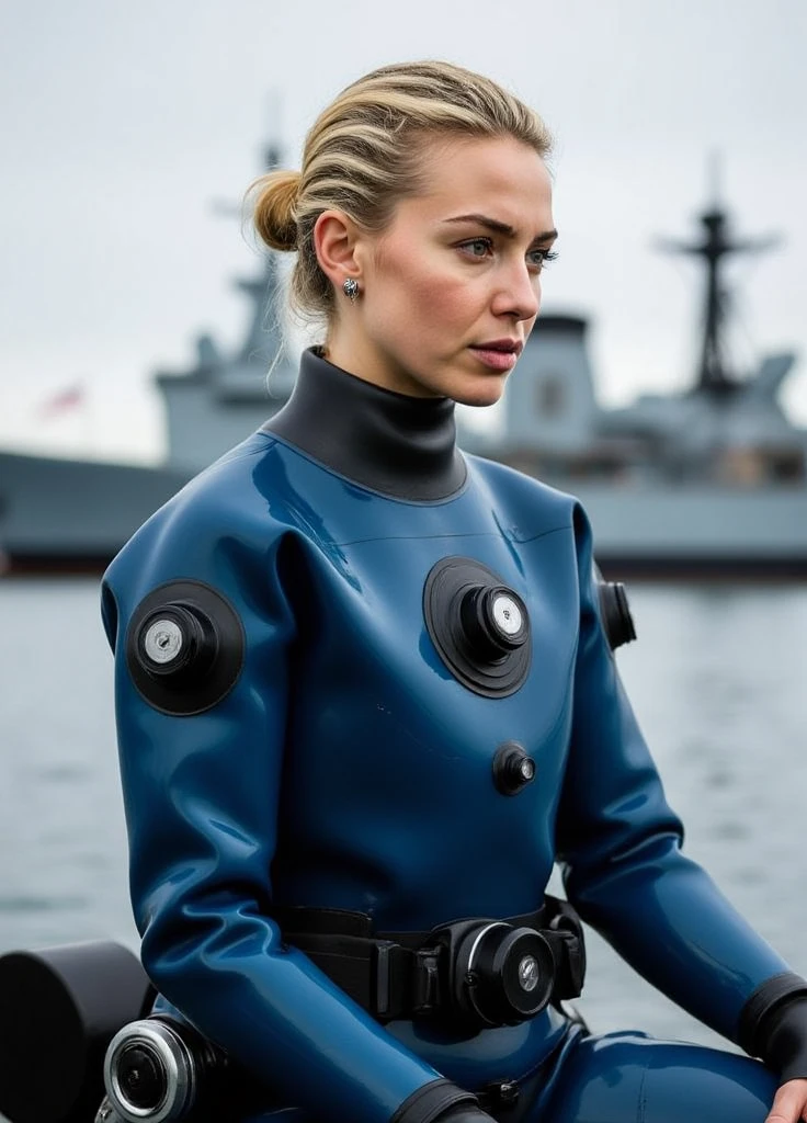 A documentary photo, Photo-realistic, ultra-realistic, (Cuban beautiful young woman, famous Cuban model,blond white hair:1.3, pashe haircut:1.4,,boyish cool face:1.3, profile:1.3), wetlook rubberish blue clothes,, she is a military diver of Cuban navy, experienced military diver, wearing a professional wetsuits for military diver with professional scuba equipment, She is on a shlre, She is preparing to scuba dive for a lifesaving mission, there is a large battle ship behind her,, Natural Makeup, boyish face ,Front View:1.21, Perfect Anatomy:1.21, Small head:1.21, Slender body:1.37, Narrow waist:1.5, Thin limbs:1.5, Flat Chest:1.5, Anatomically correct limbs, Diving Suits drysuits (high smooth turtleneck collar), Fully equipped for diving, Very cute Japanese woman, Brown Hair, Chignon Hair, woman holds oval scuba mask, Calm sea in qinter, Dynamic and emotional movie lighting, 