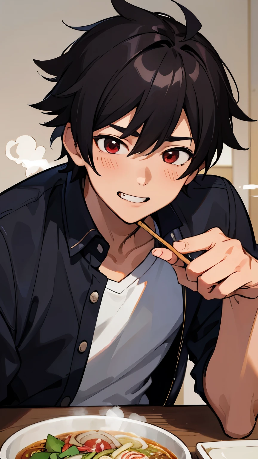 A high-quality, emotional anime-style close-up inspired by Makoto Shinkai, depicting the face of an 18-year-old energetic and confident boy named Naoki Takajo, captured in a moment of pure happiness as he enjoys a delicious meal. His clean and sharp men's handsome short hairstyle frames his striking features, with his black hair slightly tousled, adding a relaxed and cheerful vibe. His vivid red eyes are drawn with extraordinary detail, slightly squinting with joy as he savors the food.

Naoki's expression radiates happiness, with a wide, genuine smile and a faint blush on his cheeks, highlighting his youthful enthusiasm. He holds a steaming bowl of ramen (or any appetizing dish) in one hand, with chopsticks in the other, as he takes a bite. Small details, like a bit of sauce or broth on his lips, add to the realism and charm of the scene.

The background is a minimalistic, pure white space, ensuring the focus remains on Naoki and the delicious food he enjoys.

Additional tags for close-up: (face:1.061), ((male:1.4)), men's handsome short hairstyle, sharp facial features, vibrant red eyes, anime-style, charm, functional beauty, [top quality, high resolution, 4K, 8K resolution, ultra-detailed], close-up, eating, joyful expression, delicious food, warm atmosphere, youthful energy.

Ensure that the vibrant details of the food and Naoki’s joyful expression come together to evoke warmth and happiness, making the scene lively and engaging.