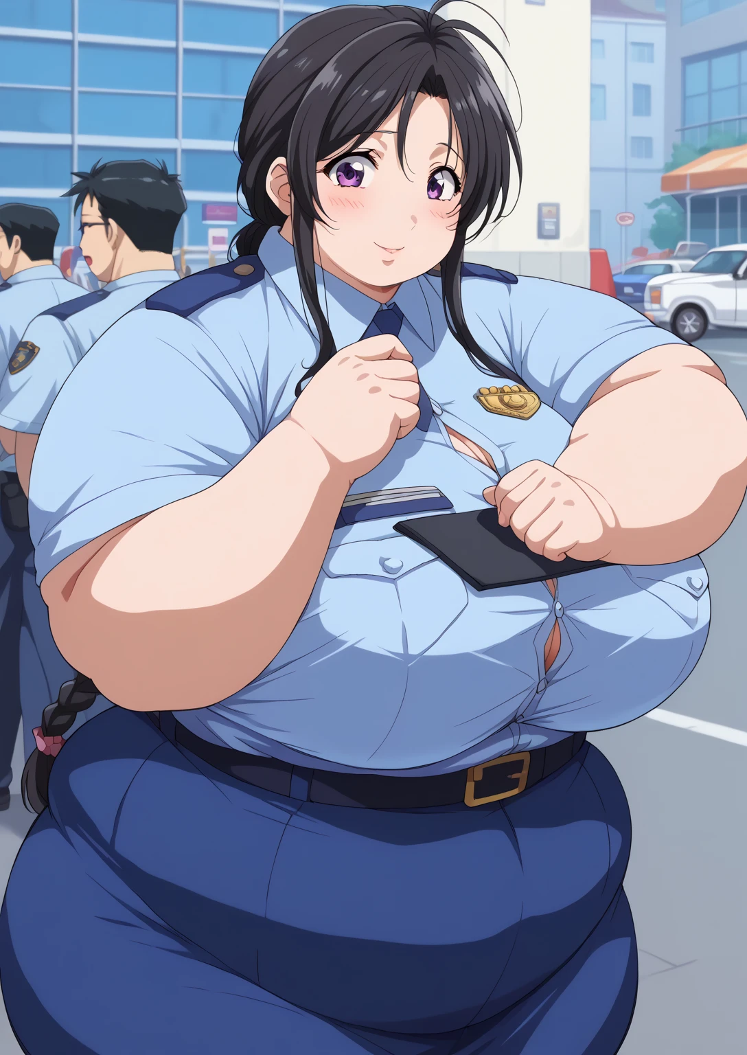 score_9, score_8_up, score_7_up, 1girl, li, shortstack, gigantic breasts, huge ass, side view, policewoman, breast outline, clothed breasts, pencil skirt, salute