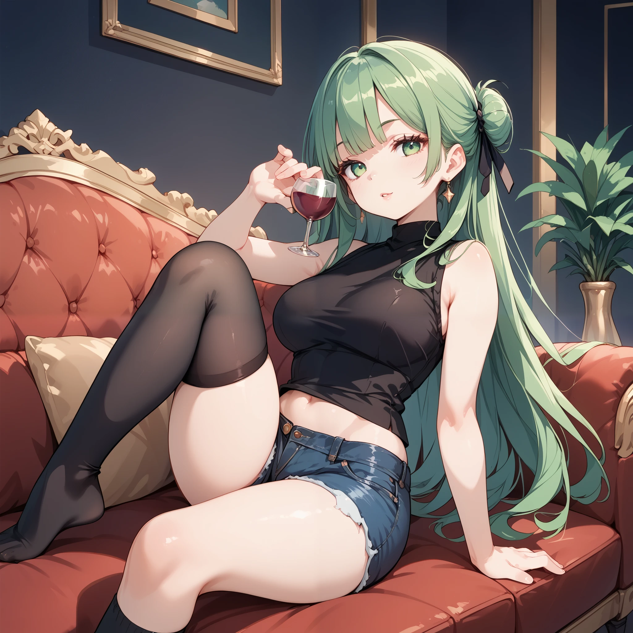 long green hair , green eyes, sleeveless and short black shirt , shorts jeans preto, black knee-high socks, black eyelashes, sitting on the couch, drinking beautiful wine in a glass cup, the afternoon.