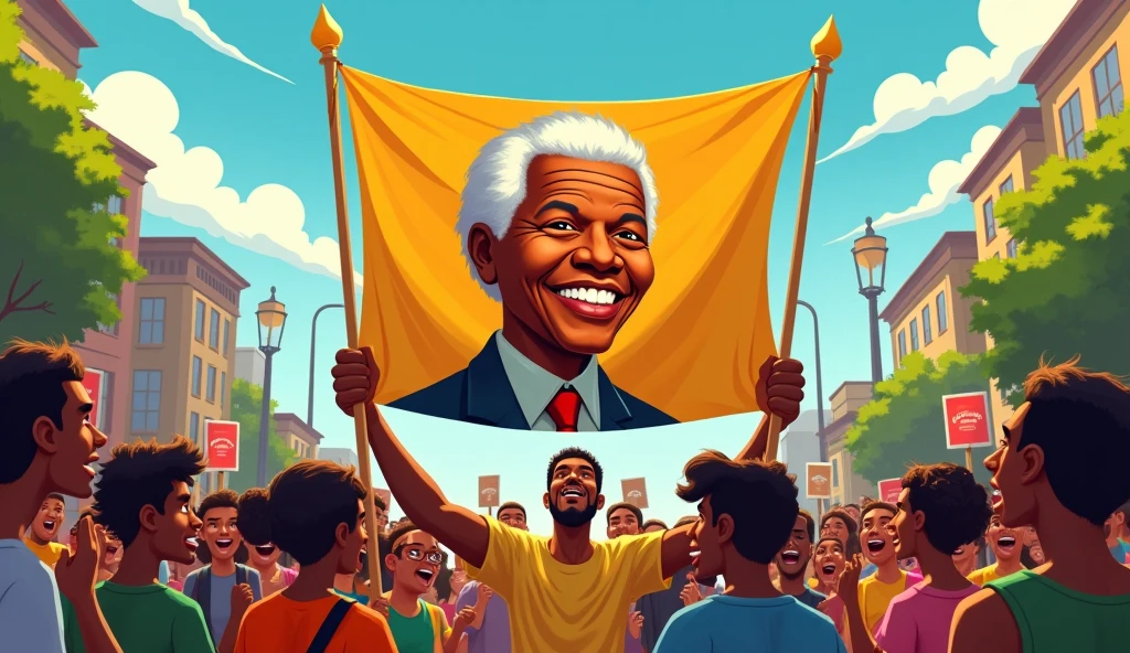 "Por favor, crie uma imagem que celebre a vida e o legado de Nelson Mandela, incorporating elements that represent their struggle for equality and justice."