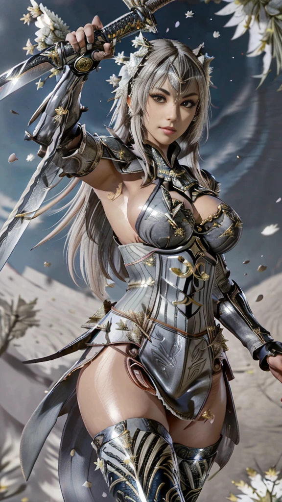  Young Japanese Woman, warrior, ((Combat Stance)), ((wielding a katana_weapon:1.3)),  very detailedな, realisti,(happy smile),  ((Hold low :1.6)),((Sword removal :1.6)), Brilliant Appearance , Creative Action,  extremely detailed, Imaginative,  sensual, spontaneous ,  top quality ,  skin texture, ((long long straight hair :1.6)),((asymmetrical bangs)),(Ash gray hair:1.3), (Silver eyes), (mole under eye), toned body, huge breasts,(big breasts:1.8), Big Breasts,  plump thighs,(miko clothes,Silver),  silver armor with an edelweiss flower pattern engraved , leather samurai armor knight, bikini type design that emphasizes chest exposure ,((sideboob)), (( wear a silver cloak with an edelweiss flower pattern )), ((ruffled skirt)),  silver shin guard with an edelweiss flower pattern engraved , Silver high-leg underwear , Silver Tights,  absolute domain,  intricate detail ,((landscape, mountain, night, (dark), dark green, starry sky:1.3)), MIDNIGHT FULL MOON ,at midnight,Meteor shower,((grassland)), ((edelweiss petals  background:1.8)), ((edelweiss petals :1.8)), ((edelweiss petals  dancing in the wind:1.8)),( full blooming edelweiss flowers are blooming in full bloom ),(前面に full blooming edelweiss flowers are blooming in full bloom ), (confetti),  RAW photos , 8k, masterpiece,  top quality , ULTRA DETAIL, very detailed,  intricate detail , high res,超 intricate detail, very detailed 8k cg wallpaper,