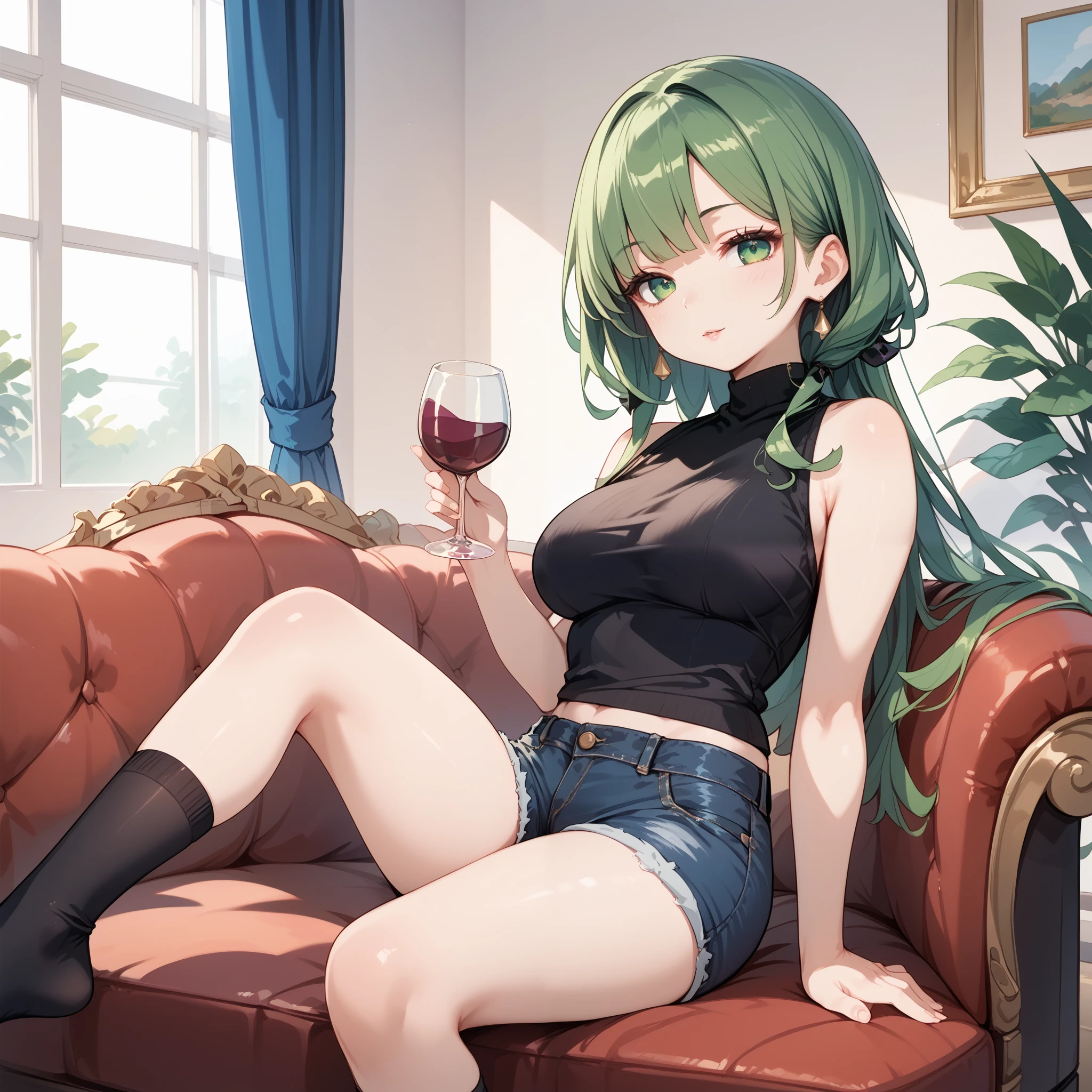long green hair , green eyes, sleeveless and short black shirt , shorts jeans preto, black knee-high socks, black eyelashes, sitting on the couch, drinking beautiful wine in a glass cup, the afternoon.