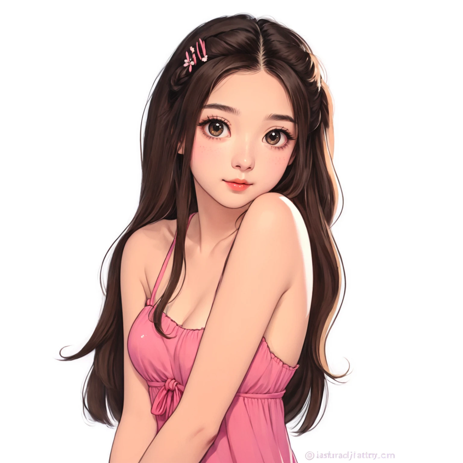  a close up of a cartoon girl with long hair wearing a pink dress, cute art style, realistic cute girl painting, realistic anime art , Beautiful drawing style,  cartoon art style ,  realistic kawaii portrait ,  cartoon art style ,  anime girl with long hair ,  in Bowater's art style , In an anime style ,  Beautiful anime art style ,  Cute portraits of anime girls 