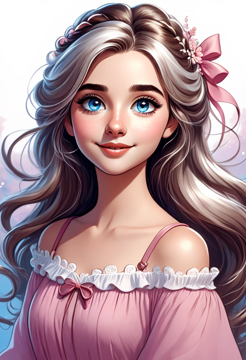 image is a digital illustration featuring an animated character with a cartoon style. The character is a young woman with long, flowing brown hair adorned with two white hair clips on each side. She has large, expressive blue eyes, a small nose, and a gentle smile. Her skin is fair with a subtle blush on her cheeks, adding to her youthful appearance. She is wearing a sleeveless pink dress with a bow detail at the front. The background is plain white, emphasizing the character. The artist's signature, '@Naman_Doodles', is visible in the bottom right corner in a simple, handwritten style.