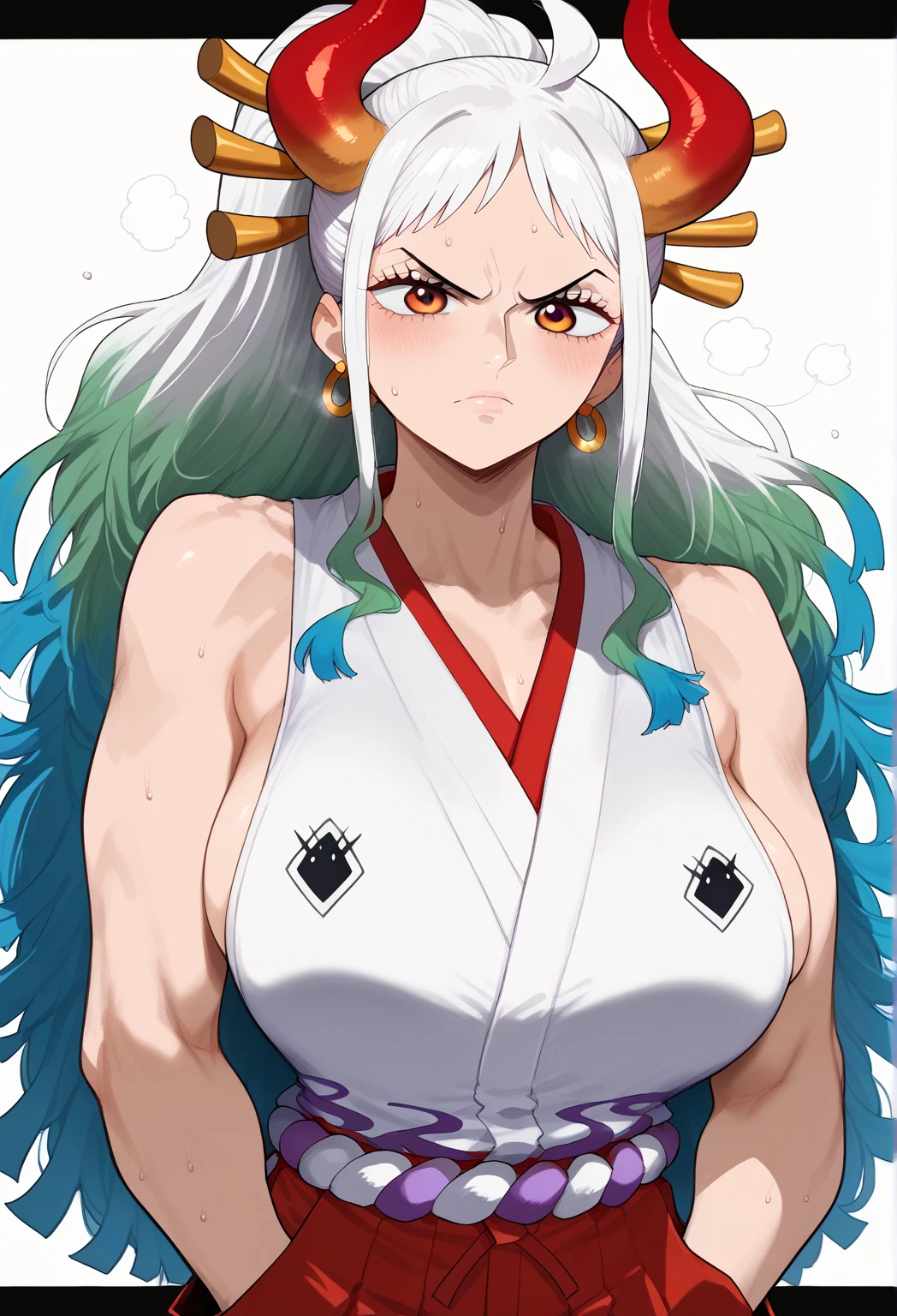    surreal, Mother,   mature woman,    mature woman, face, perfection lighting, perfection,    SEXY WOMEN   ,  Half an eye,, huge breasts, sweat、1girl, they, Yamato (/One Piece)/,(ultra HD quality details), pale skin, long hair, very long hair, white hair, multicolored hair, aqua hair, green hair, ahoge, high ponytail, sidelocks, brown eyes, horns, curled horns, multicolored horns, red horns, v-shaped eyebrows,
hair ornament, hair stick,
earrings, ring earrings,
japanese clothes, shimenawa, rope, purple and white shimenawa, purple and white rope, bare arms, bare shoulders, sleeveless, sleeveless kimono, white kimono, hakama, red hakama,