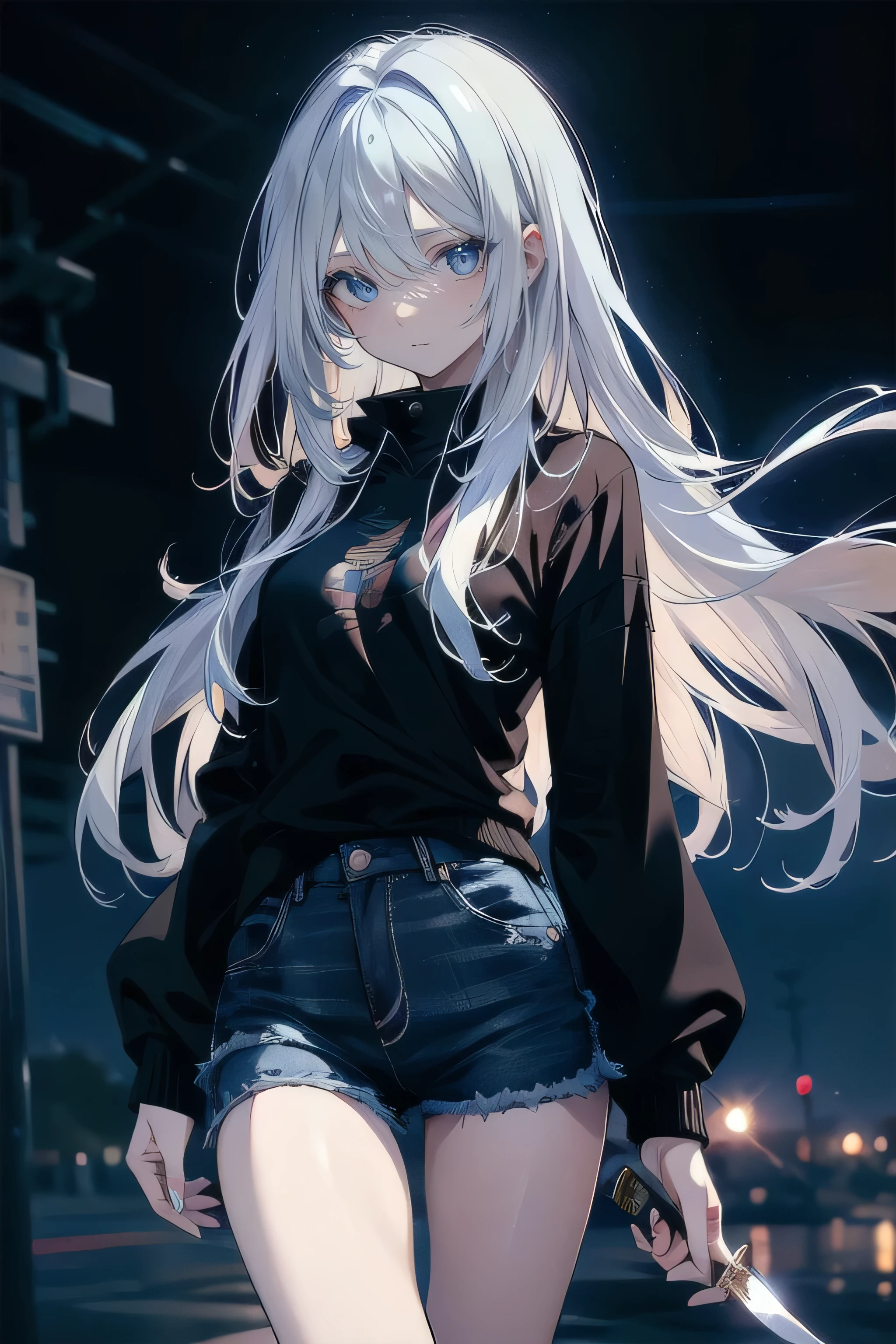 (masterpiece), (best quality), ultra detailed, finely detailed color, cenematic painting, bishoujo, ((one lady)), ager, cute face, white hair, absurdly long hair, straight hair, ((deep blue eyes:1.5)), holding knife, standing, black hoodie, long jeans, expressionless, slender body, small chest, urban, night, slum, lightless, dark, alley, moonlight