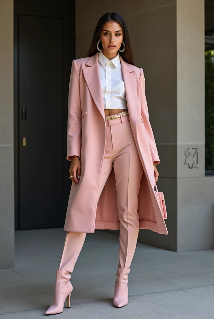 Autumn and winter catwalks，Classic herringbone coat，Loose coat，Shirt with turtleneck，Chiffon ruffled pink sequin maxi dress，flowing shimmering fabrics，Gray top with wide-leg trousers，Subtle beige tones，Inspired by Ralph Lauren