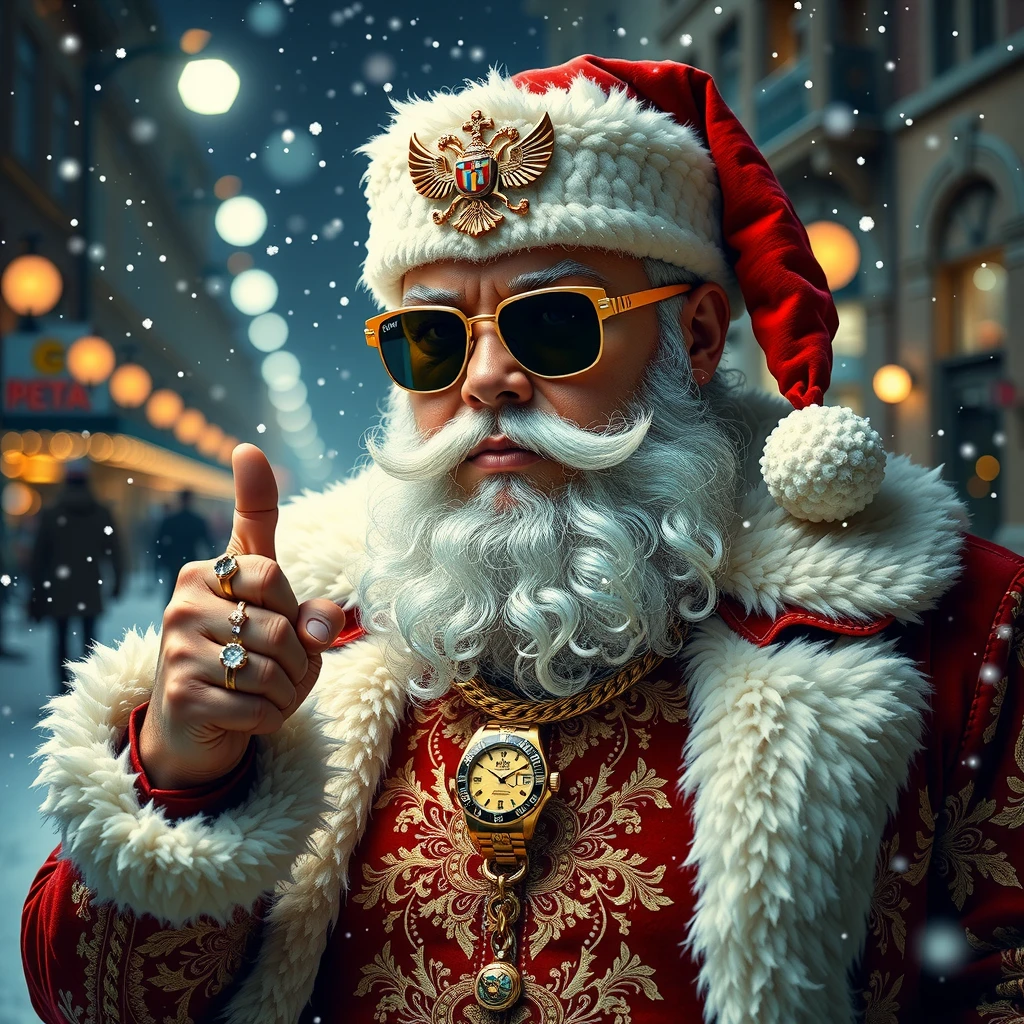 A modern and original image of Russian Santa Claus in the style of a hip-hop rapper. He is wearing a luxurious red and white coat trimmed with fur and decorated with intricate patterns, reminiscent of the traditional Russian style, but with glossy elements of streetwear. The coat has a metallic sheen. Santa Claus has a big thick white beard, shiny sunglasses and a red Santa Claus hat with white fur trim. He is decorated with thick gold chains, a luxurious watch and many rings on his fingers. His raised thumb radiates confidence and swagger. The background depicts a snowy winter night with soft flickering light, creating a festive but at the same time urban atmosphere. The atmosphere includes a light snowfall and a slight blur, which creates a cinematic effect. High detail,