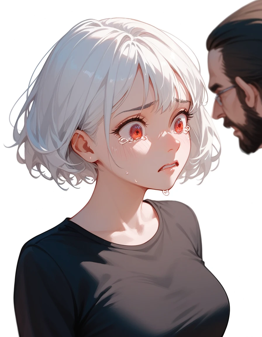 alone,girl, white hair, in red eyes ,Short hair, medium breasts , Black Long Sleeve Shirt, black skirt,afraid,,heartbreak,,Shadows on the face , white background,beard,Drama,Tears flowing,