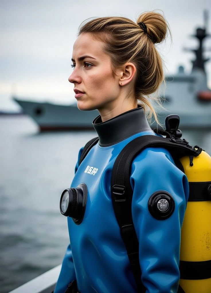 A documentary photo, Photo-realistic, ultra-realistic, (Cuban beautiful young woman, famous Cuban model,blond white hair:1.3, pascha hairblond:1.4,,boyish cool face:1.3, profile:1.3), wetlook rubberish blue clothes,, she is a military diver of Cuban navy, experienced military diver, wearing a professional wetsuits for military diver with professional scuba equipment, She is on a shlre, She is preparing to scuba dive for a lifesaving mission, there is a large battle ship behind her,, Natural Makeup, boyish face ,Front View:1.21, Perfect Anatomy:1.21, Small head:1.21, Slender body:1.37, Narrow waist:1.5, Thin limbs:1.5, Flat Chest:1.5, Anatomically correct limbs, Diving Suits drysuits (high smooth turtleneck collar), Fully equipped for diving, Very cute Japanese woman, Brown Hair, Chignon Hair, woman holds oval scuba mask, Calm sea in qinter, Dynamic and emotional movie lighting, 