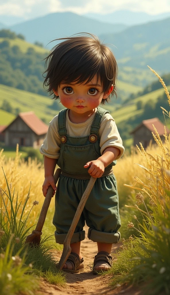 ((short body)), ((short body)), ((short body)), ((short body)), ((short body)), ((baby body)), Black hair with straight bangs and a ponytail with a red band, big round brown eyes, slightly blushed cheeks, smiling expression, wearing a striped yellow and blue shirt, blue overalls, white shoes with gray soles ocean, palms, sand, sun, ((with a big cock)), (ballsack), (steaming coming from her cock),