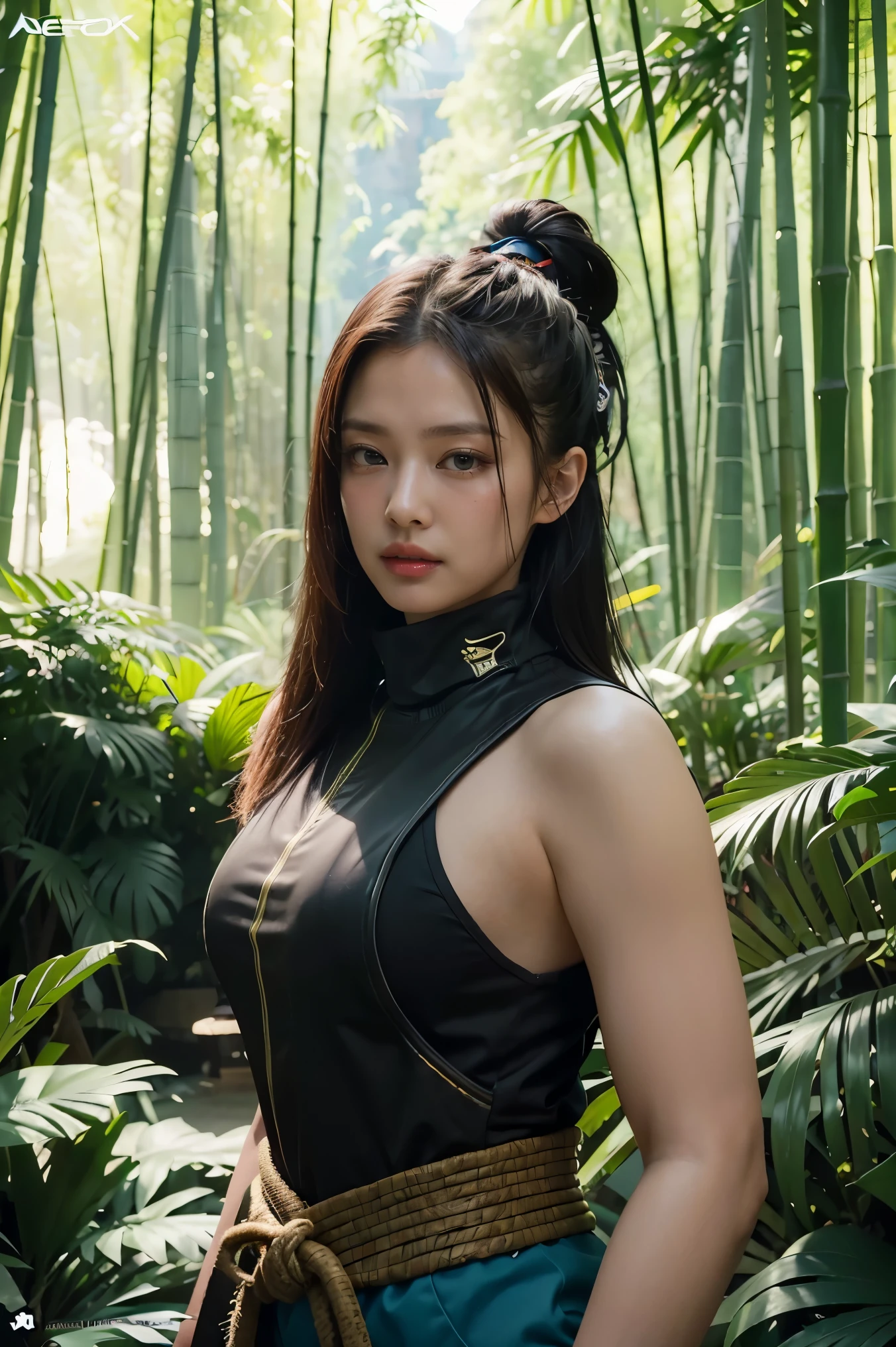 bamboo forest background，A look of determination，colorful vivid octane render, cybernetic and highly detailed, loba andrade from apex legends, created in unreal engine 5, made in unreal engine 5, trending on unreal engine 5, Antique portraits, Martial arts fantasy style 8k octane rendering, rendered in unreal 5, rendered in high octane