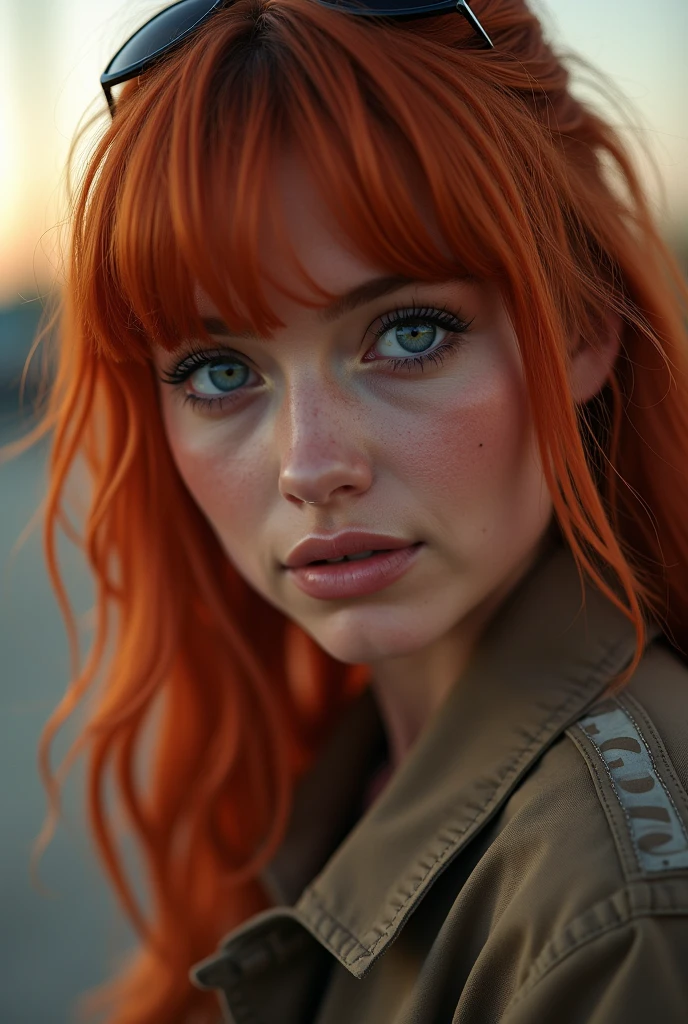 Realistic style, best quality, (hyper detailed: 1.4), posing like a model, view from the side, long distance shot, ((great body:1.5)), photosession, (Blue eyes:1.5), (Bangs Redhead Hair:1.5), Detailed eyes, ((wearing Tennis Woman and Firefighter:1.5)), beautiful 25-year-old Arab woman, (Highly detailed face:1.4), exuding a natural glow, soft lighting, evening time, jaw-dropping beauty, sexy, seductive, vivid colors, body type: Voluptuous, breast size: Large, butt size: Skinny
