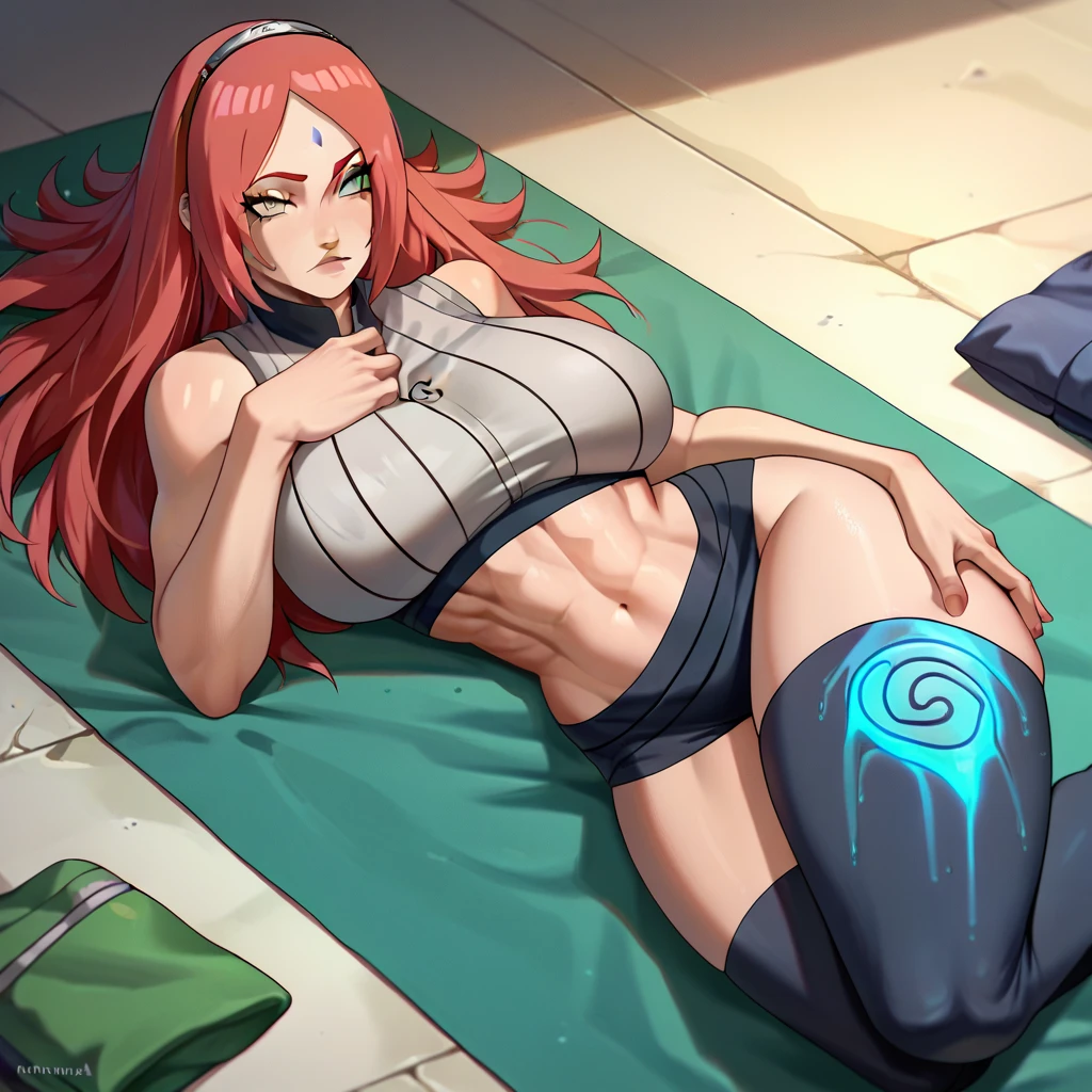 ( absurd,  high quality, ultra-compared,  be careful with your hand) 1 woman,  Big breasts ,  long red hair challenge, Gaara's daughter  ( Gaara/ Naruto ) Legs open while lying down.