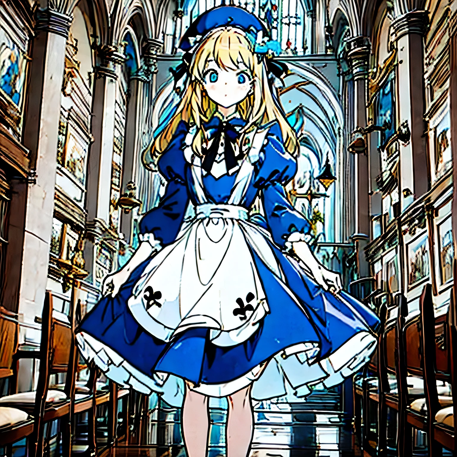  Alice in Wonderland ， blonde， blue bow，Black and white striped socks， blue dress，White maid apron，Devotional prayer in a church