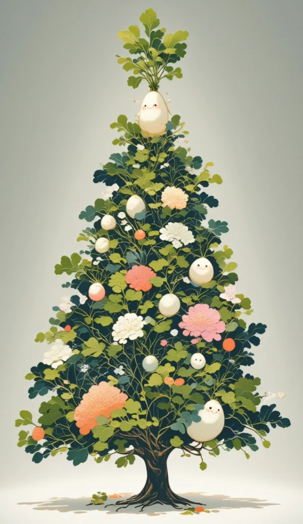 What is the vivid silhouette of a Christmas tree 、 is intricately filled with countless colorful  botanical patterns。 The shape of a Christmas tree is outlined on a dark background、 has an emerging chubby daikon pattern 。 The daikon designs are diverse 、 pink、Yellow、green、daikons in shades of blue 、leaf、 features other botanical elements 。The overall configuration is、 is a harmonious blend of nature and art 、Evokes a sense of tranquility and beauty。