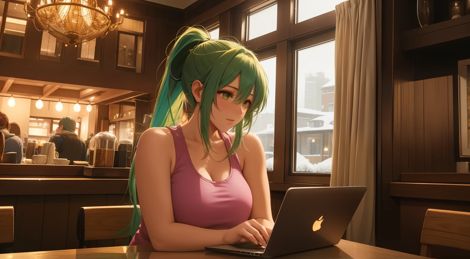 "A woman with green hair tied in a ponytail sits at a table in a cozy café, typing on a laptop. She is wearing a pink tank top under an open zipper jacket, exuding a casual and relaxed vibe. The warm ambient lighting of the café highlights the comforting atmosphere, with subtle details of wooden furniture and soft yellow lights. Behind her, large windows reveal a snowy winter evening, showcasing softly falling snow and a bustling urban street illuminated by warm streetlights. On the table beside her, a steaming cup of coffee or tea adds to the serene ambiance. The scene blends the cozy interior of the café with the wintry magic outside, capturing a moment of quiet productivity and reflection."
