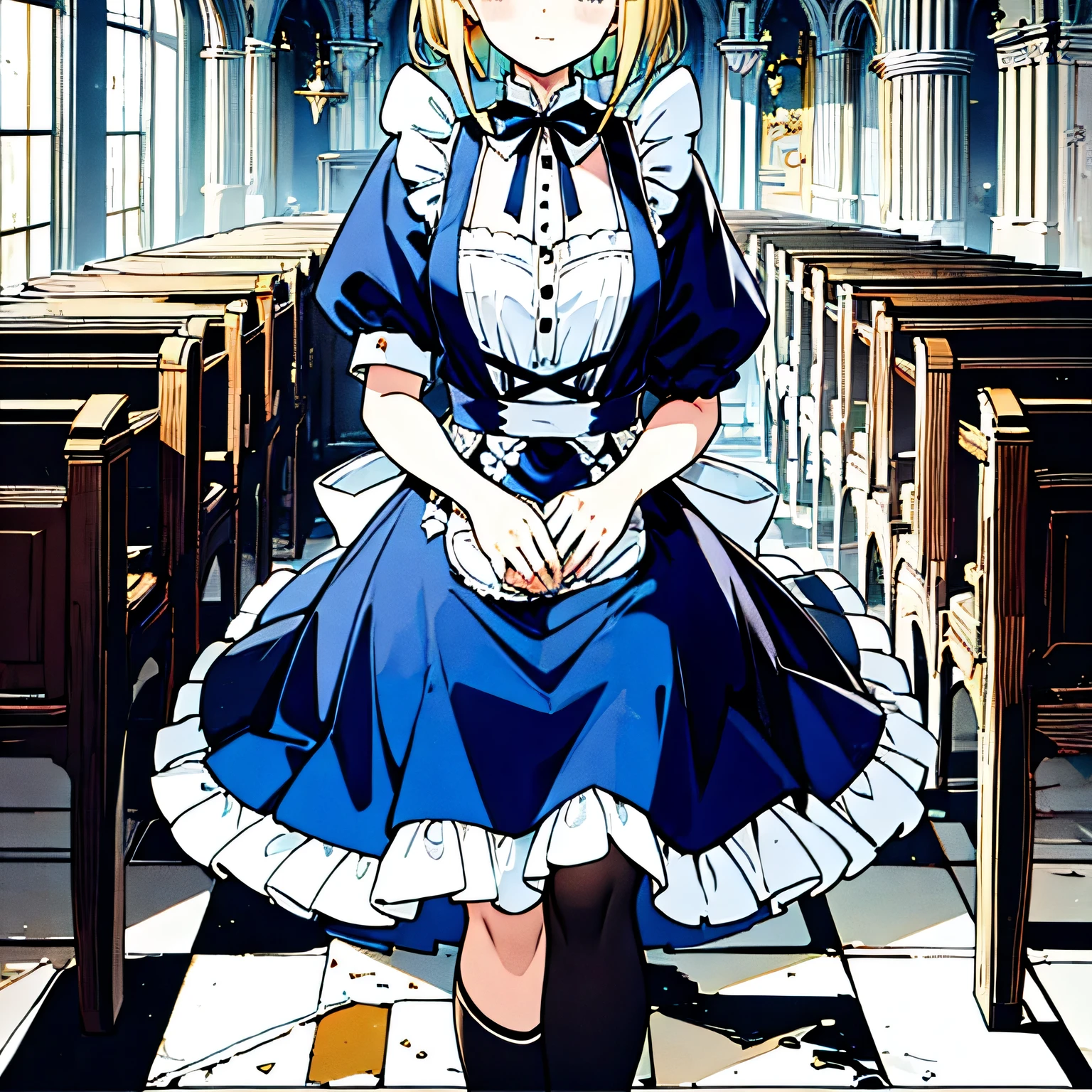  Alice in Wonderland ， blonde， blue bow，Black and white striped socks， blue dress，White maid apron，Devotional prayer in a church