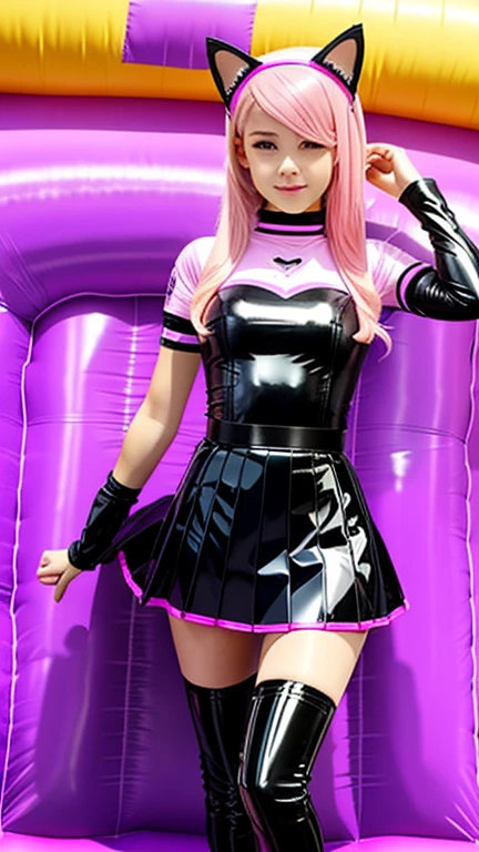  teenager with pink hair,  slim model , Latex top , pleated latex skirt, latex arm warmer  ,  knee-high latex boots, Cat ears, bouncy castle 