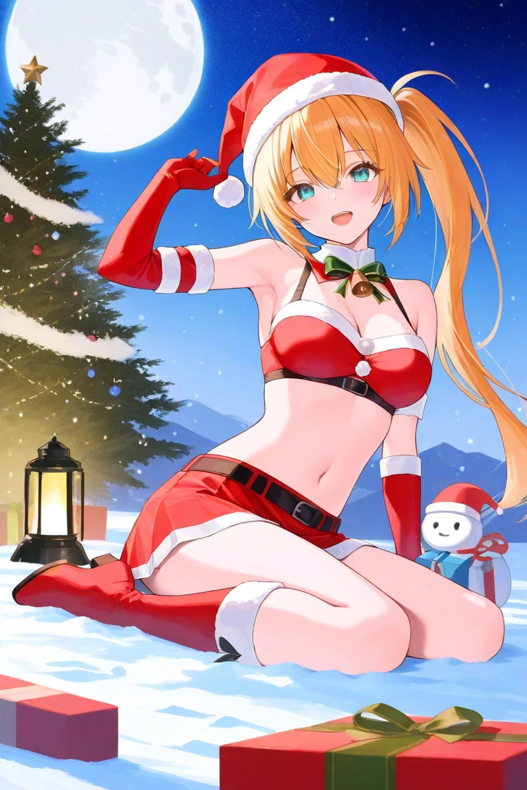  1 girl, sitting, Santa Costume , miniskirt,winter gloves,front図,front, viewers,the above, full body , laughs, with open eyes , open your mouth,,winter,  knight ,moon,masterpiece, top quality , ULTRA DETAIL, 8K portrait ,unity 8k wallpaper, Ultra Precise Illustration 