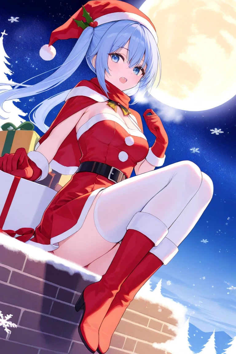  1 girl, sitting, Santa Costume , miniskirt,winter gloves,front図,front, viewers,the above, full body , laughs, with open eyes , open your mouth,,winter,  knight ,moon,masterpiece, top quality , ULTRA DETAIL, 8K portrait ,unity 8k wallpaper, Ultra Precise Illustration 