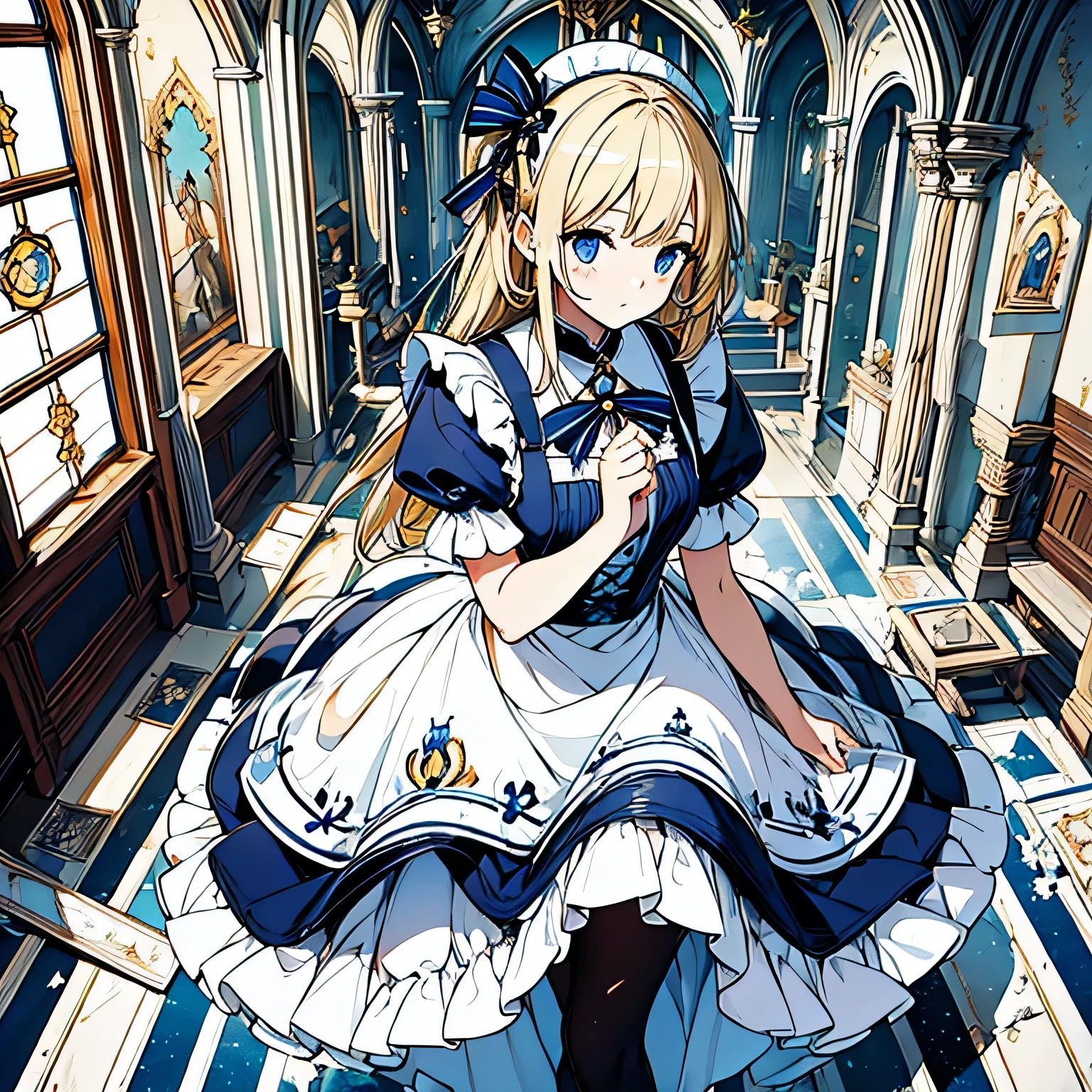  Alice in Wonderland ， blonde， blue bow，Black and white striped socks， blue dress，White maid apron，Devotional prayer in a church