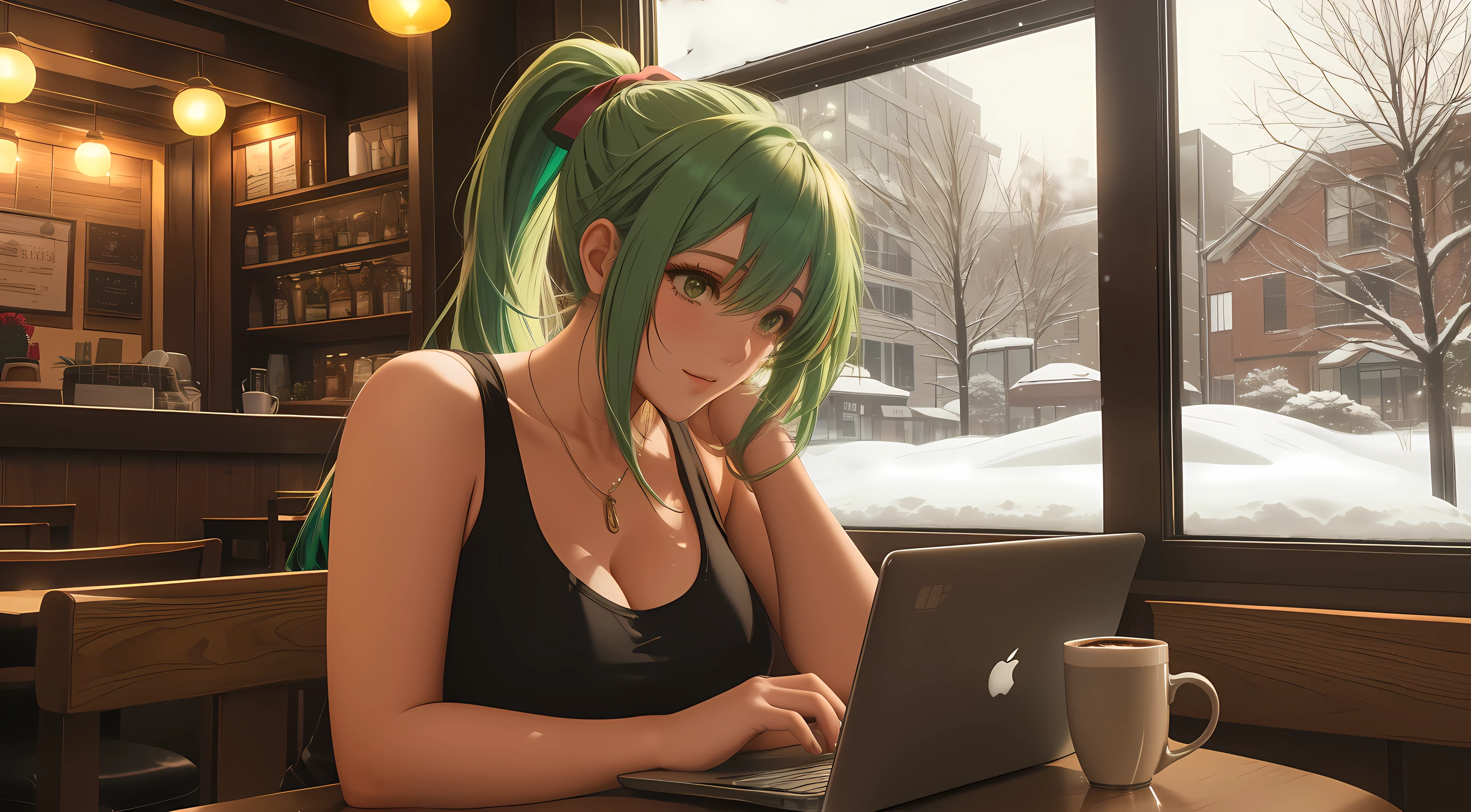 "A woman with green hair tied in a ponytail sits at a table in a cozy café, typing on a laptop. She is wearing a pink tank top under an open zipper jacket, exuding a casual and relaxed vibe. The warm ambient lighting of the café highlights the comforting atmosphere, with subtle details of wooden furniture and soft yellow lights. Behind her, large windows reveal a snowy winter evening, showcasing softly falling snow and a bustling urban street illuminated by warm streetlights. On the table beside her, a steaming cup of coffee or tea adds to the serene ambiance. The scene blends the cozy interior of the café with the wintry magic outside, capturing a moment of quiet productivity and reflection."
