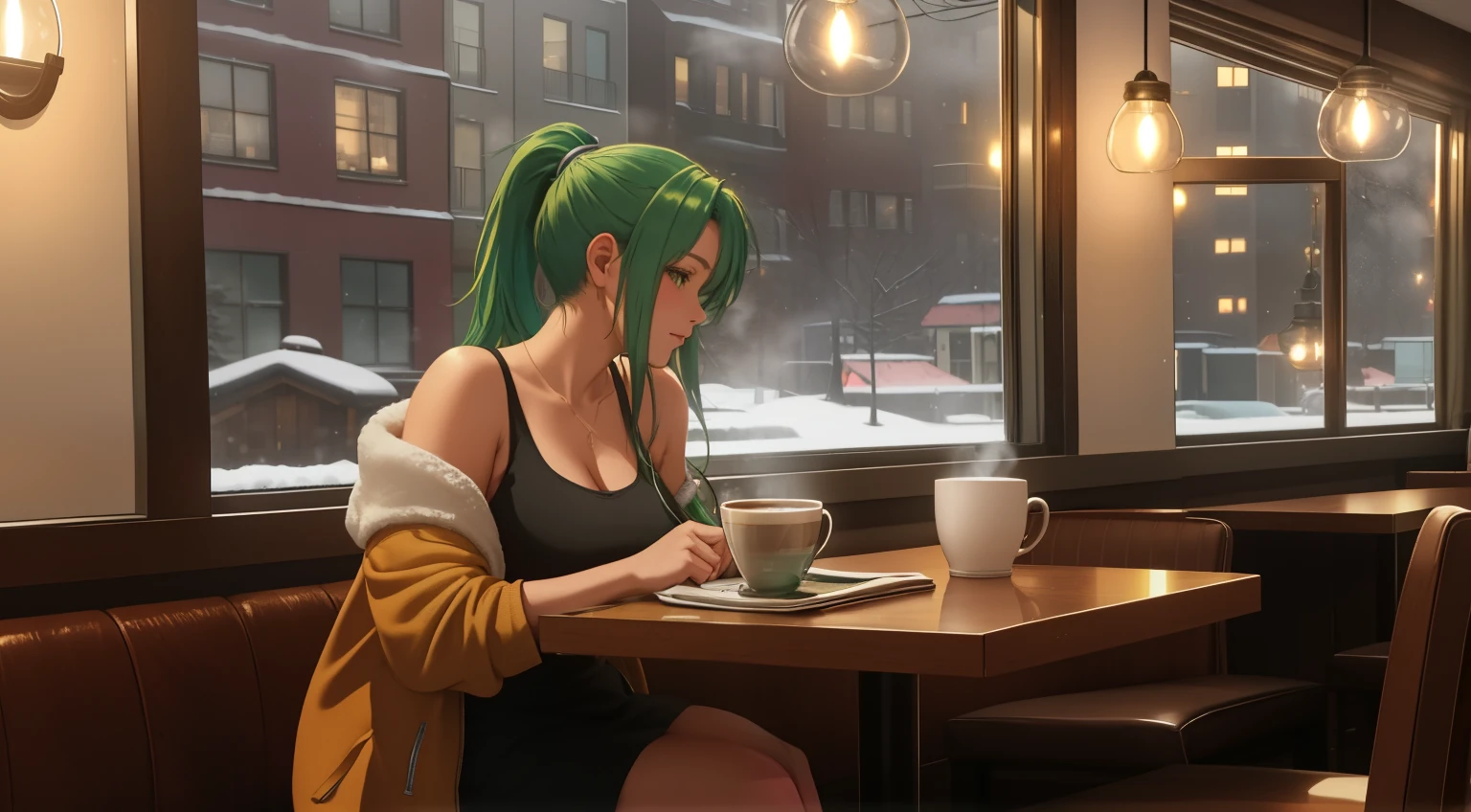 "A woman with green hair tied in a ponytail sits at a table in a cozy café, typing on a laptop. She is wearing a pink tank top under an open zipper jacket, exuding a casual and relaxed vibe. The warm ambient lighting of the café highlights the comforting atmosphere, with subtle details of wooden furniture and soft yellow lights. Behind her, large windows reveal a snowy winter evening, showcasing softly falling snow and a bustling urban street illuminated by warm streetlights. On the table beside her, a steaming cup of coffee or tea adds to the serene ambiance. The scene blends the cozy interior of the café with the wintry magic outside, capturing a moment of quiet productivity and reflection."
