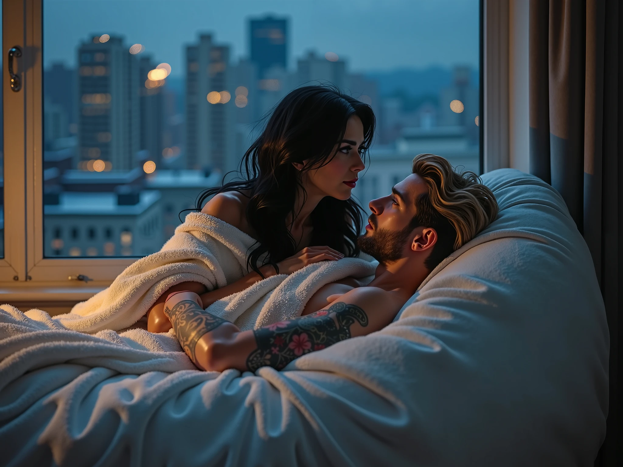 couple sleeping, at night in a big bed, inside luxury house, modern house