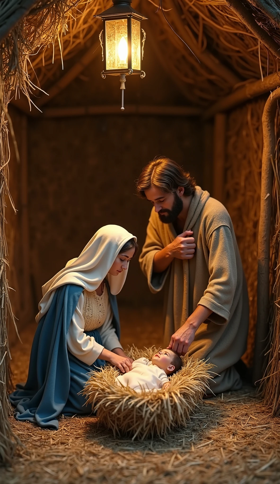 Baby jesus in menger and Maryam and Joseph goat mens around donkey is there 