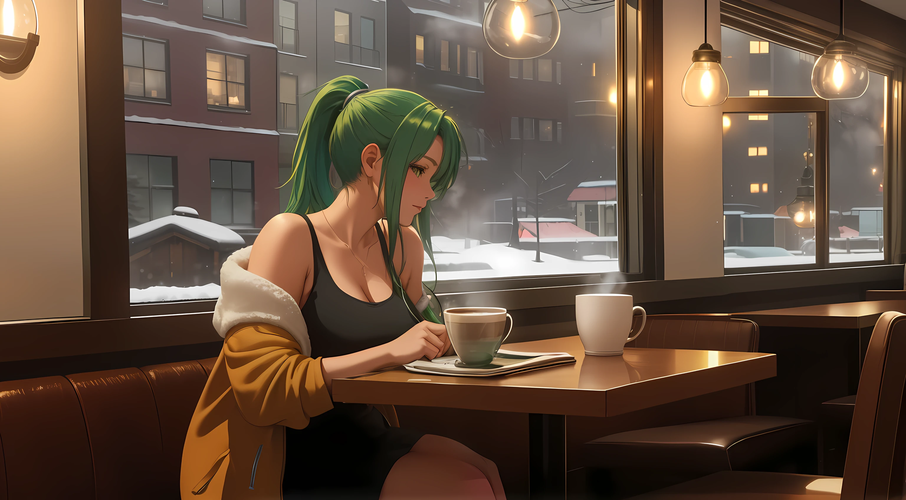 "A woman with green hair tied in a ponytail sits at a table in a cozy café, typing on a laptop. She is wearing a pink tank top under an open zipper jacket, exuding a casual and relaxed vibe. The warm ambient lighting of the café highlights the comforting atmosphere, with subtle details of wooden furniture and soft yellow lights. Behind her, large windows reveal a snowy winter evening, showcasing softly falling snow and a bustling urban street illuminated by warm streetlights. On the table beside her, a steaming cup of coffee or tea adds to the serene ambiance. The scene blends the cozy interior of the café with the wintry magic outside, capturing a moment of quiet productivity and reflection."
