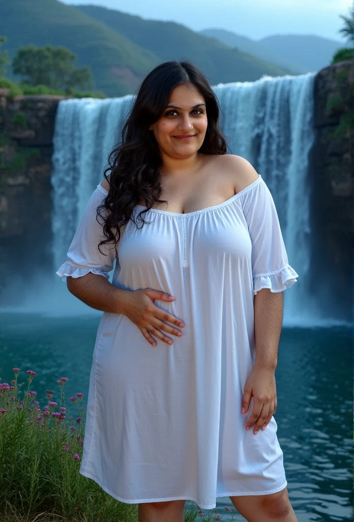 A realistic 2 plus size cute beautiful 
fair and white fatty Indian girl with big thigh and big breasts with night wear beside the hill water falls