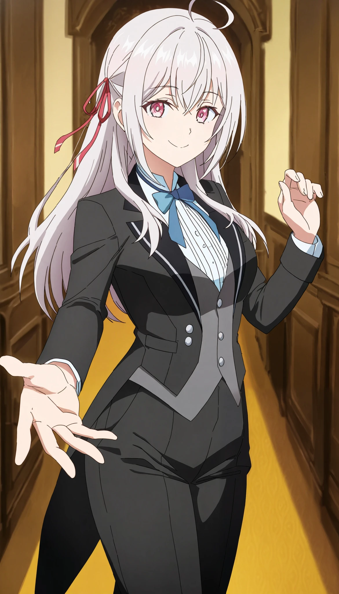 score_9, source_anime, score_8_up, score_7_up, score_4_up1girl, solo, Alisa Mikhailovna ,silver hair, suit tuxedo , , long hair, red hair ribbon ,bangs, sidelocks, indoors, standing,happy,smile,looking at viewer, cowboy shot, blue tie woman in formal attractive suit tuxedo tailcoat standing in a large alcove in the room, , reaching towards viewer , one hand , badass