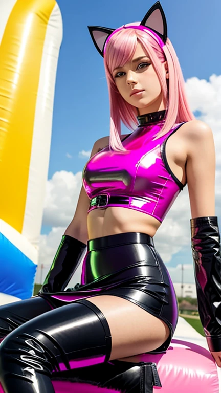  teenager with pink hair,  slim model , Latex top , pleated latex skirt, latex arm warmer  ,  knee-high latex boots, Cat ears, bouncy castle, realistic 