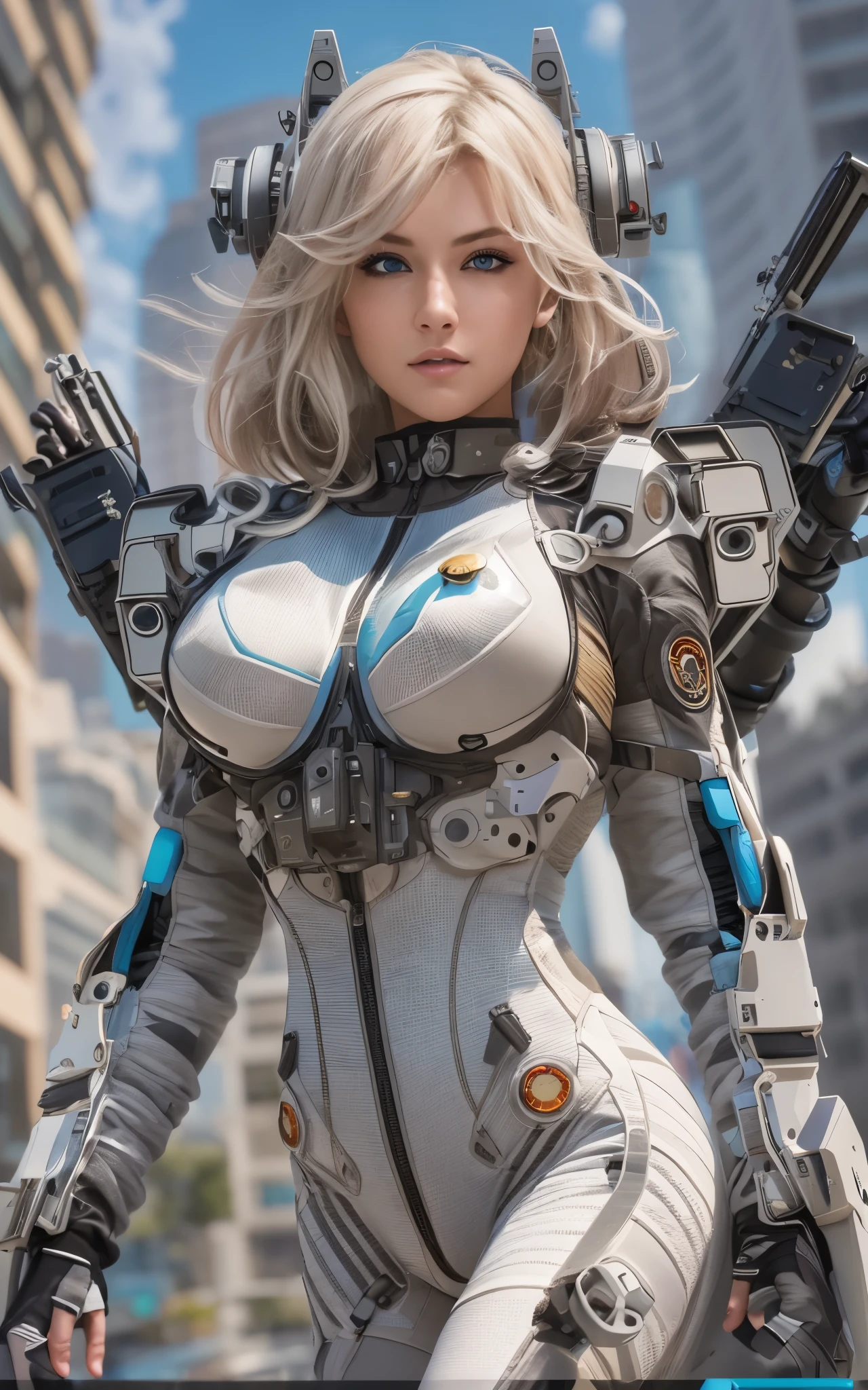 ((Best Quality)), ((masutepiece)), (Detailed: 1.4), (Absurd), Caucasian female fighter pilot ready for war, front walking, muscular sculptural body defined, Closed mouth, muscular body covered by technological clothing, Cyberpunk, ((perfect large breasts)), (blue eyes without pupils), long manga-style eyelashes, close to real, Crazy face, Sexy Pose, Centered, scale to fit the dimensions, nffsw (High dynamic range),Ray tracing,Hyper-Resolution,Unreal 5,Subsurface Dispersion, PBR Texture, Post-processing, Anisotropy Filtering, depth of fields, Maximum clarity and sharpness, Multilayer textures, Surface Shading, accurate simulation of light and material interactions, Perfect proportions, thirds rule, top-quality, ultra-detailliert, Being on the roof of a skyscraper, Smooth bodysuit, spiffy white bodysuit