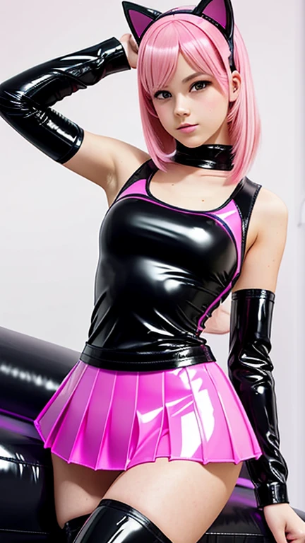  teenager with pink hair,  slim model , Latex top , pleated latex skirt, latex arm warmer  ,  knee-high latex boots, Cat ears, bouncy castle, realistic 