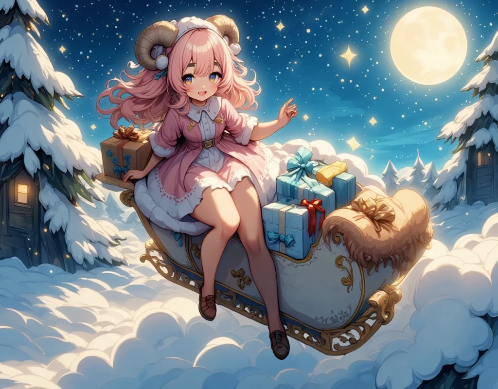 ((UHD, masterpiece, accurate, anatomically correct, super detail, high details, best quality,  highres icon)), 1girl,  Long Pink Fluffy Hair , round sheep horn , Thick eyebrows, She's wearing Santa clothes :1.3,  She's Riding a Flying Sleigh ,  there are lots of presents on the back of the sled,  Light shines in the tracks where the sleigh flew , Fantastic Trails of Light ,  Beautiful Winter Night Sky at Christmas 