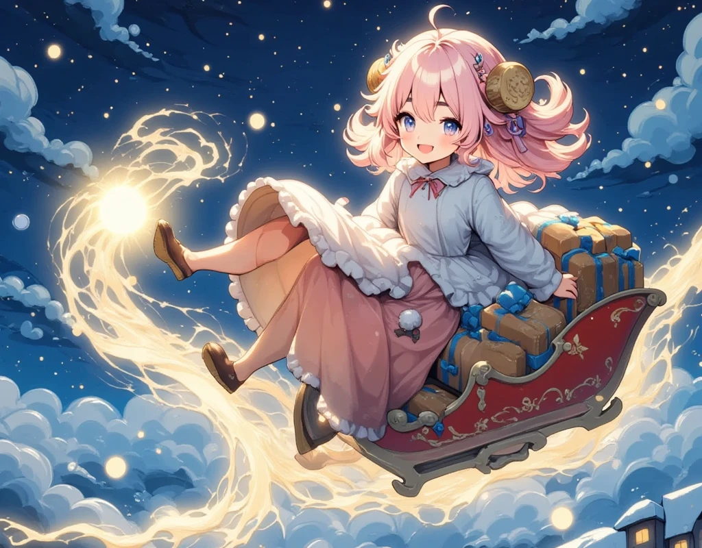 ((UHD, masterpiece, accurate, anatomically correct, super detail, high details, best quality,  highres icon)), 1girl,  Long Pink Fluffy Hair , round sheep horn , Thick eyebrows, She's wearing Santa clothes :1.3,  She's Riding a Flying Sleigh ,  there are lots of presents on the back of the sled,  Light shines in the tracks where the sleigh flew , Fantastic Trails of Light ,  Beautiful Winter Night Sky at Christmas 