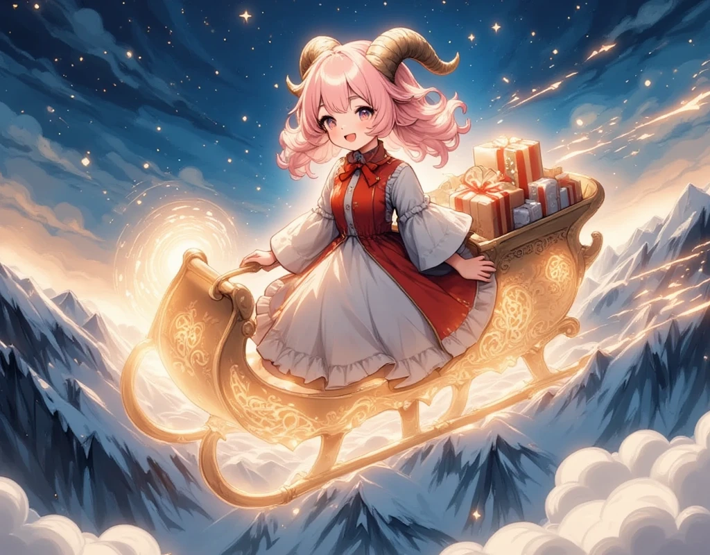 ((UHD, masterpiece, accurate, anatomically correct, super detail, high details, best quality,  highres icon)), 1girl,  Long Pink Fluffy Hair , round sheep horn , Thick eyebrows, She's wearing Santa clothes :1.3,  She's Riding a Flying Sleigh ,  there are lots of presents on the back of the sled,  Light shines in the tracks where the sleigh flew , Fantastic Trails of Light ,  Beautiful Winter Night Sky at Christmas 