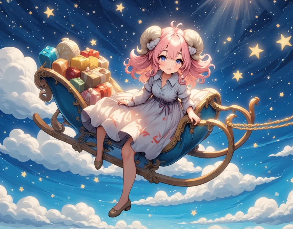 ((UHD, masterpiece, accurate, anatomically correct, super detail, high details, best quality,  highres icon)), 1girl,  Long Pink Fluffy Hair , round sheep horn , Thick eyebrows, She's wearing Santa clothes :1.3,  She's Riding a Flying Sleigh ,  there are lots of presents on the back of the sled,  Light shines in the tracks where the sleigh flew , Fantastic Trails of Light ,  Beautiful Winter Night Sky at Christmas 