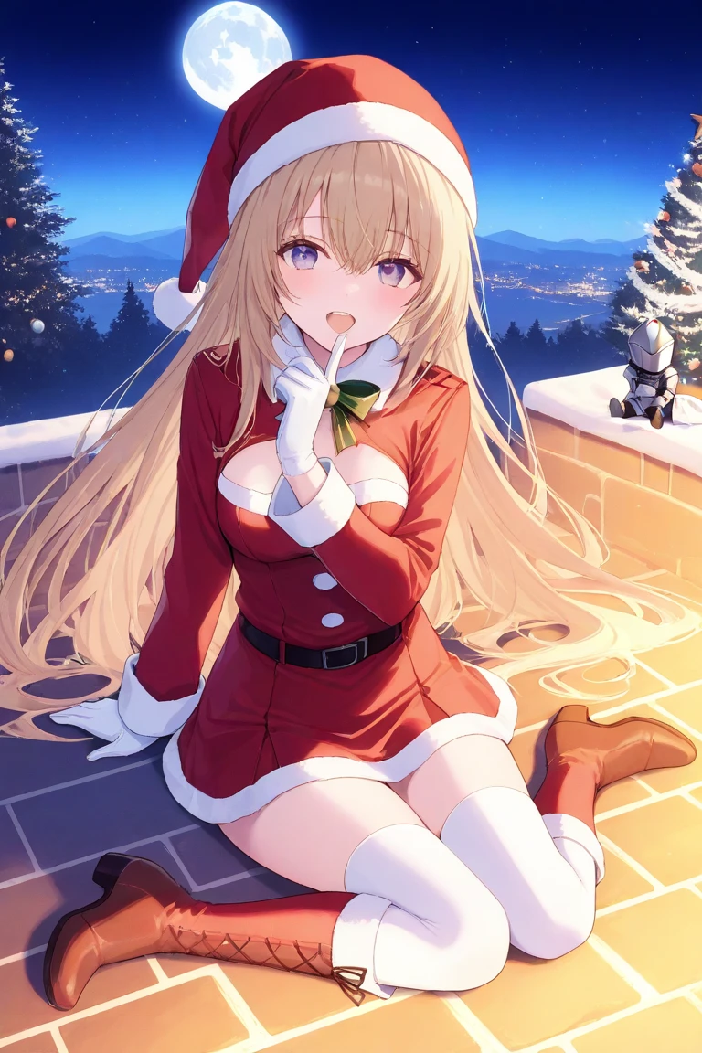  1 girl, sitting, Santa Costume , miniskirt,winter gloves,front図,front, viewers,the above, full body , laughs, with open eyes , open your mouth,,winter,  knight ,moon,masterpiece, top quality , ULTRA DETAIL, 8K portrait ,unity 8k wallpaper, Ultra Precise Illustration 