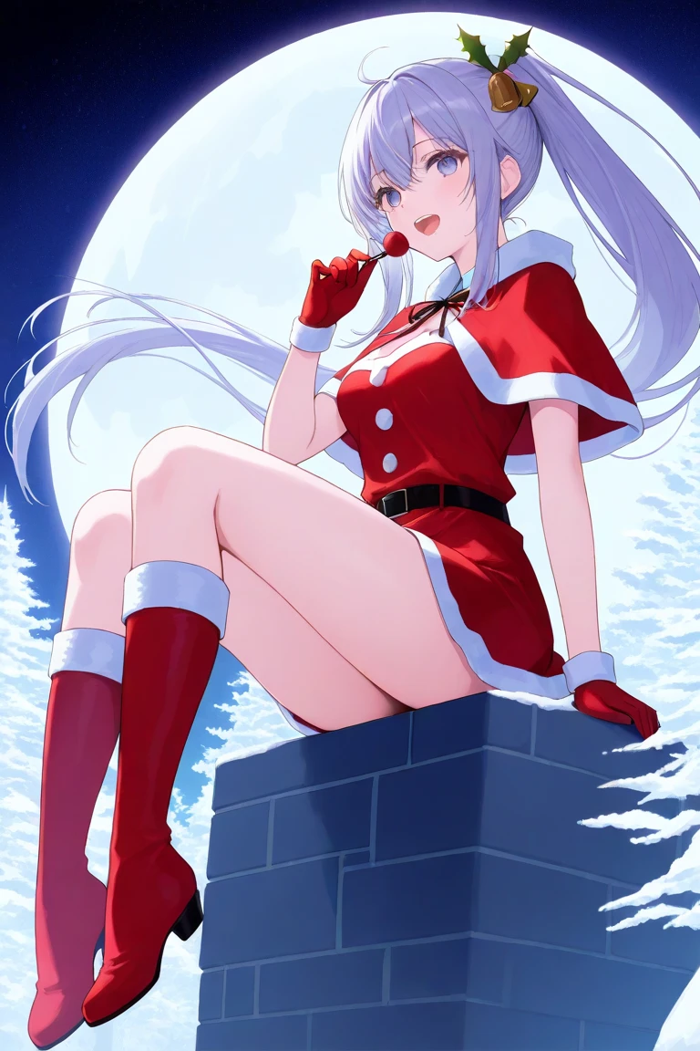  1 girl, sitting, Santa Costume , miniskirt,winter gloves,front図,front, viewers,the above, full body , laughs, with open eyes , open your mouth,,winter,  knight ,moon,masterpiece, top quality , ULTRA DETAIL, 8K portrait ,unity 8k wallpaper, Ultra Precise Illustration 