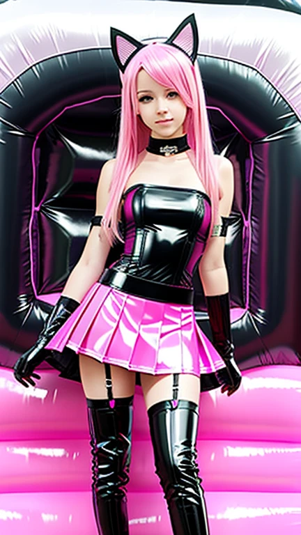  teenager with pink hair,  slim model , Latex top , pleated latex skirt, latex arm warmer  ,  knee-high latex boots, Cat ears, bouncy castle, realistic 