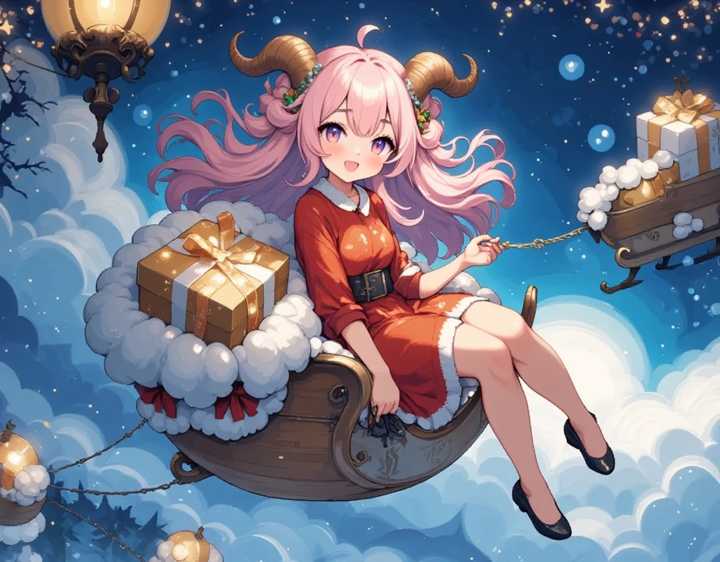 ((UHD, masterpiece, accurate, anatomically correct, super detail, high details, best quality,  highres icon)), 1girl,  Long Pink Fluffy Hair , round sheep horn , Thick eyebrows, She's wearing Santa clothes :1.3,  She's Riding a Flying Sleigh ,  there are lots of presents on the back of the sled,  Light shines in the tracks where the sleigh flew , Fantastic Trails of Light ,  Beautiful Winter Night Sky at Christmas 